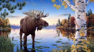 Animal Painting - Otoño Majestad alces lago cañas madera pino abedul otoño casa